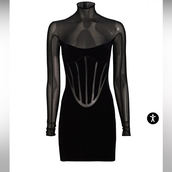 MUGLER X WOLFORD Semi Sheer Corset Paneled Black Mini Dress NWT Flocked - Picture 5 of 5